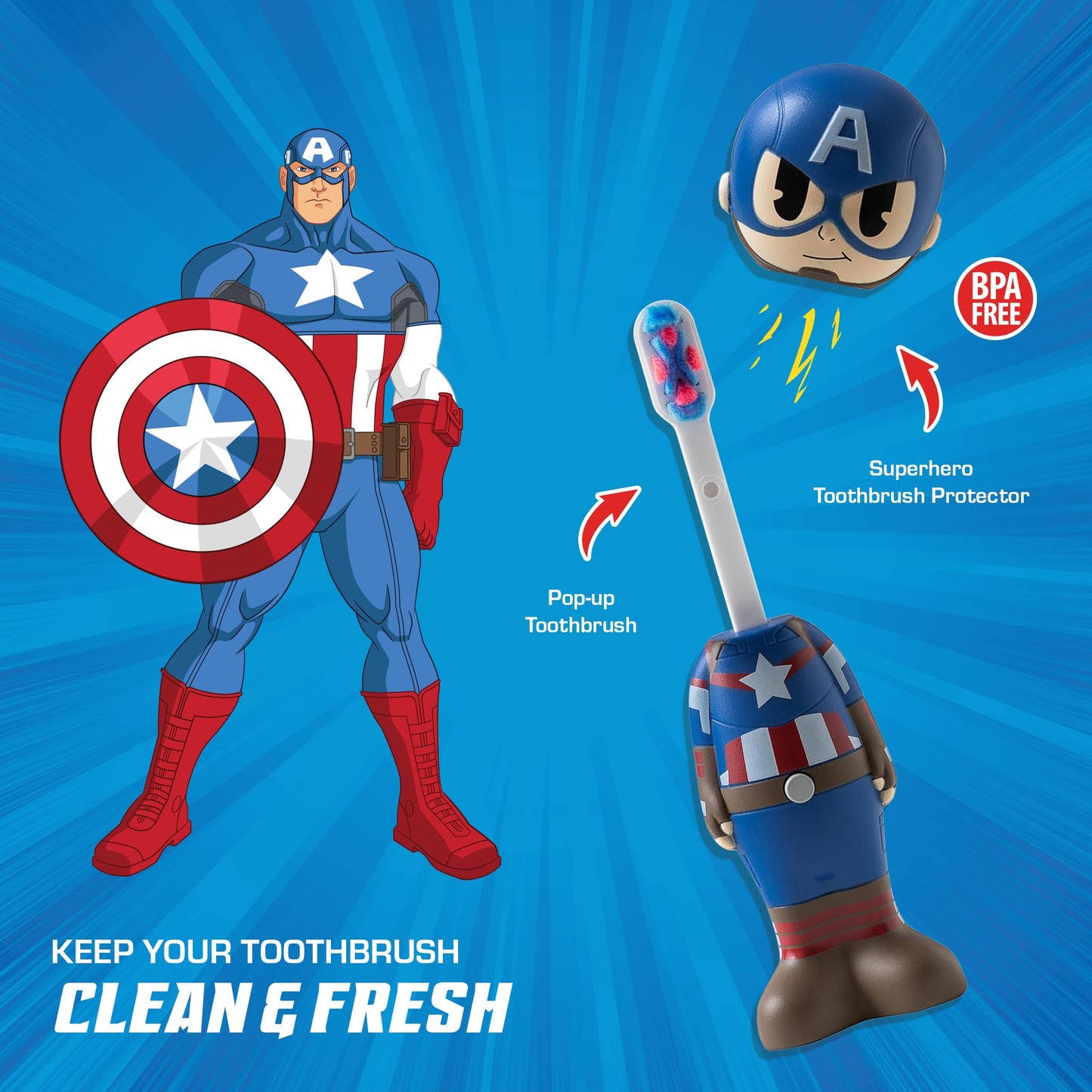 Brush Buddies Captain America Kids Toothbrush — Soft Bristles & Poppin' Cap