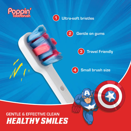 Brush Buddies Captain America Kids Toothbrush — Soft Bristles & Poppin' Cap