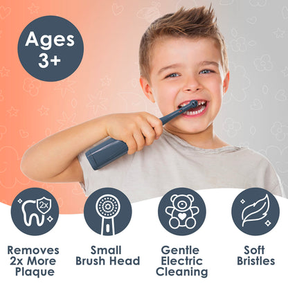 Brusheez Kids Electric Toothbrush Set - Safe for Ages 3+ | 2 Heads, Timer, Storage (Shadow The Shark)