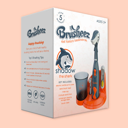 Brusheez Kids Electric Toothbrush Set - Safe for Ages 3+ | 2 Heads, Timer, Storage (Shadow The Shark)