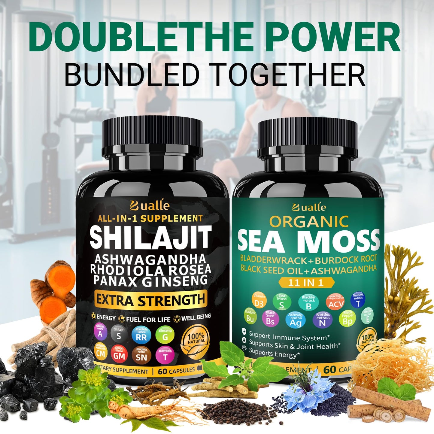 Bualle Organic Sea Moss for Women & Shilajit for Men – 12-in-1 Plant-Powered Wellness (120 Vegan Capsules)