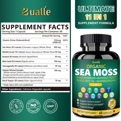 Bualle Organic Sea Moss Capsules with Black Seed Oil & Ashwagandha – 60 Capsules