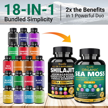 Bualle Organic Sea Moss for Women & Shilajit for Men – 12-in-1 Plant-Powered Wellness (120 Vegan Capsules)
