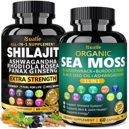 Bualle Organic Sea Moss for Women & Shilajit for Men – 12-in-1 Plant-Powered Wellness (120 Vegan Capsules)