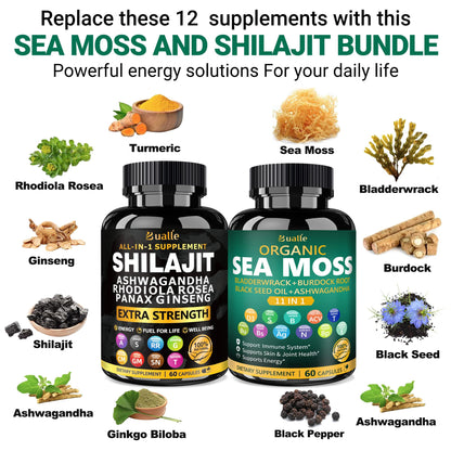 Bualle Organic Sea Moss for Women & Shilajit for Men – 12-in-1 Plant-Powered Wellness (120 Vegan Capsules)