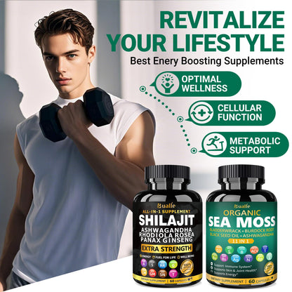 Bualle Organic Sea Moss for Women & Shilajit for Men – 12-in-1 Plant-Powered Wellness (120 Vegan Capsules)