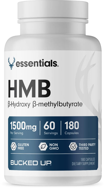 Bucked Up HMB (Beta-Hydroxy Beta-Methylbutyrate) 1500mg Per Serving, Essentials (60 Servings, 180 Capsules)