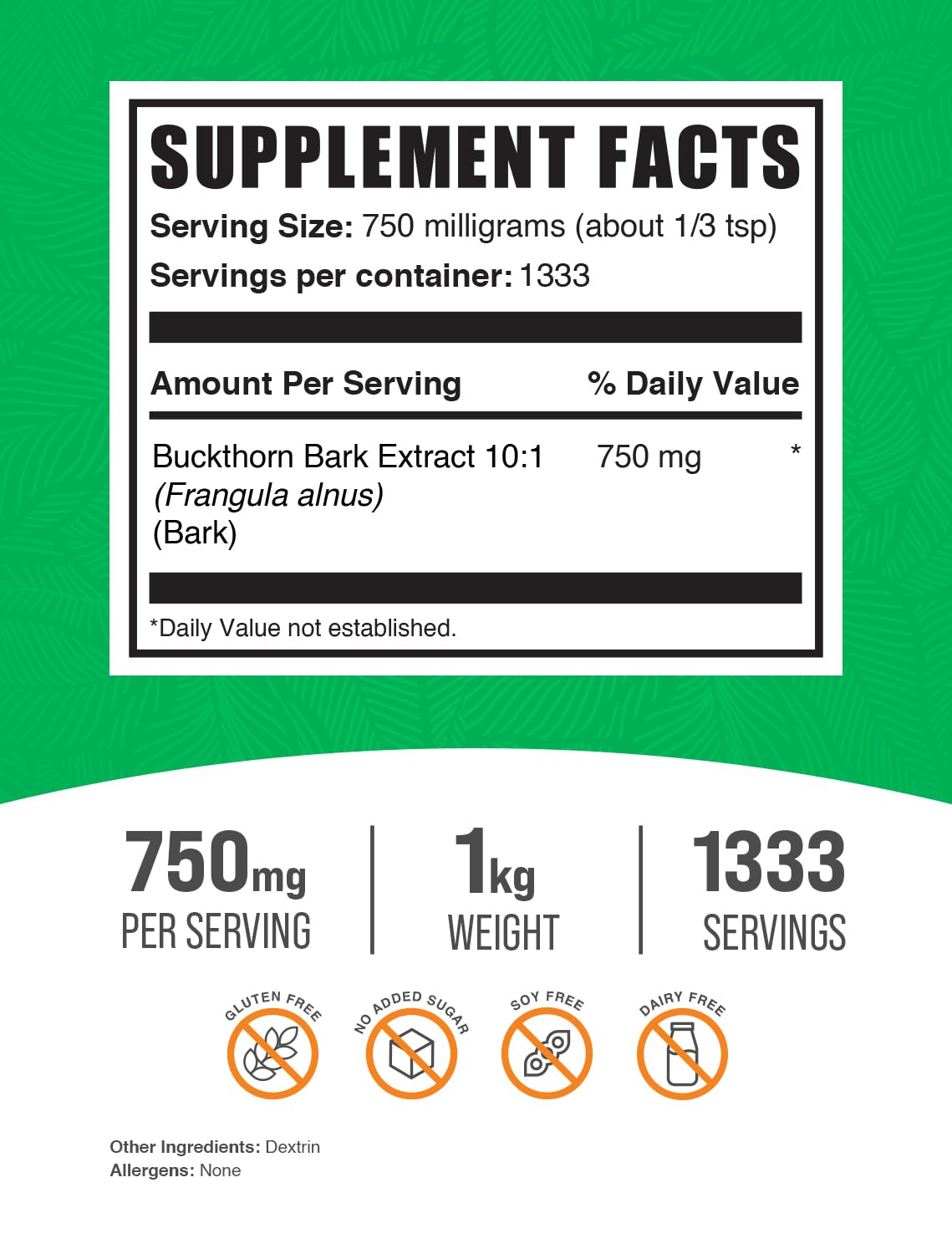 Buckthorn Bark Extract Powder 750mg - 1kg | Vegan & Gluten Free