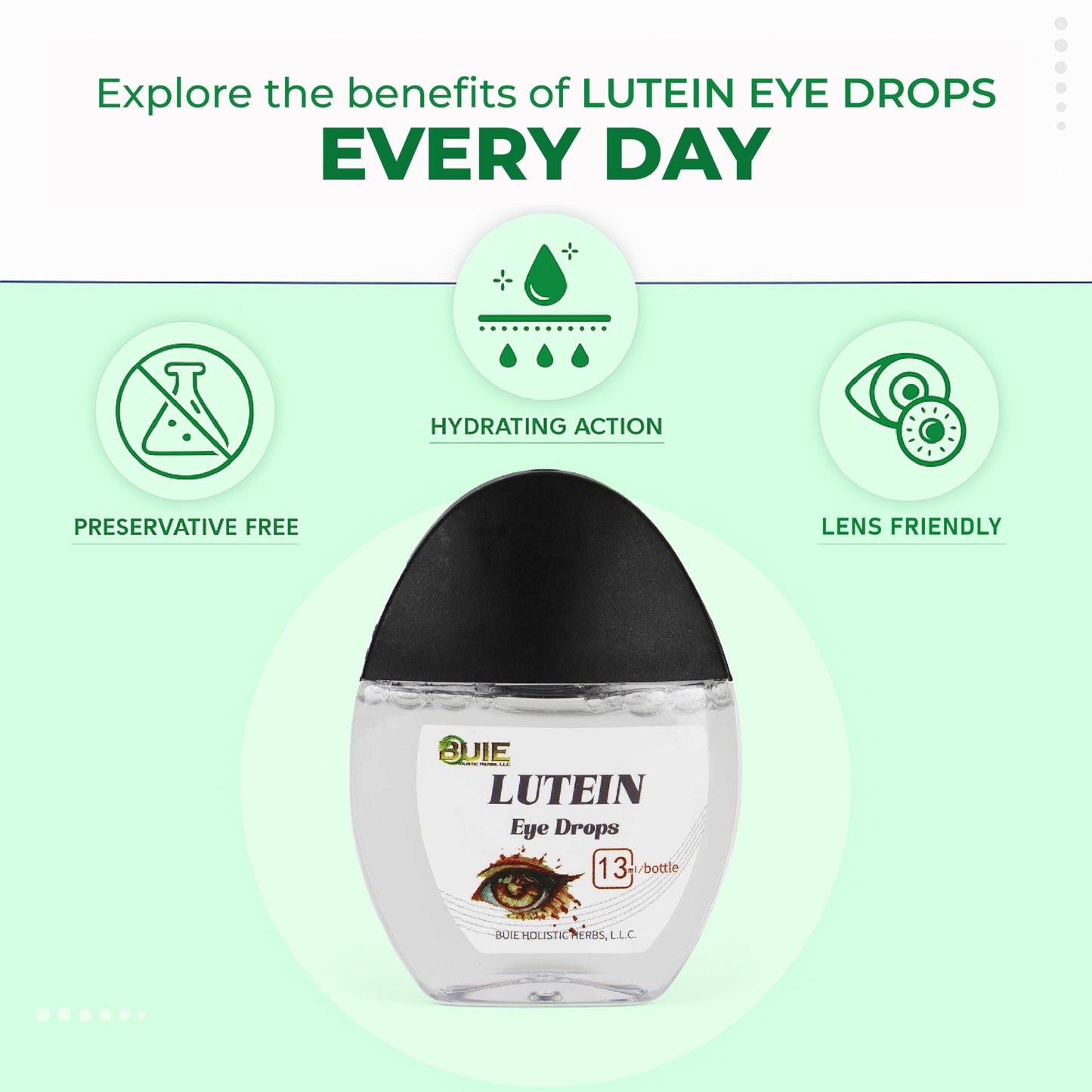 BUIE Lutein Eye Drops – Gentle Daily Eye Care with Lutein, Honeysuckle, Cassia Seed, Wild Chrysanthemum & Vitamin B6 – Hydrating, Preservative-Free, Lens-Friendly Formula – 0.5 fl oz
