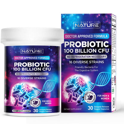 Built by Nature Probiotic 100B CFU – 16 Strains + Prebiotics, 30 Capsules