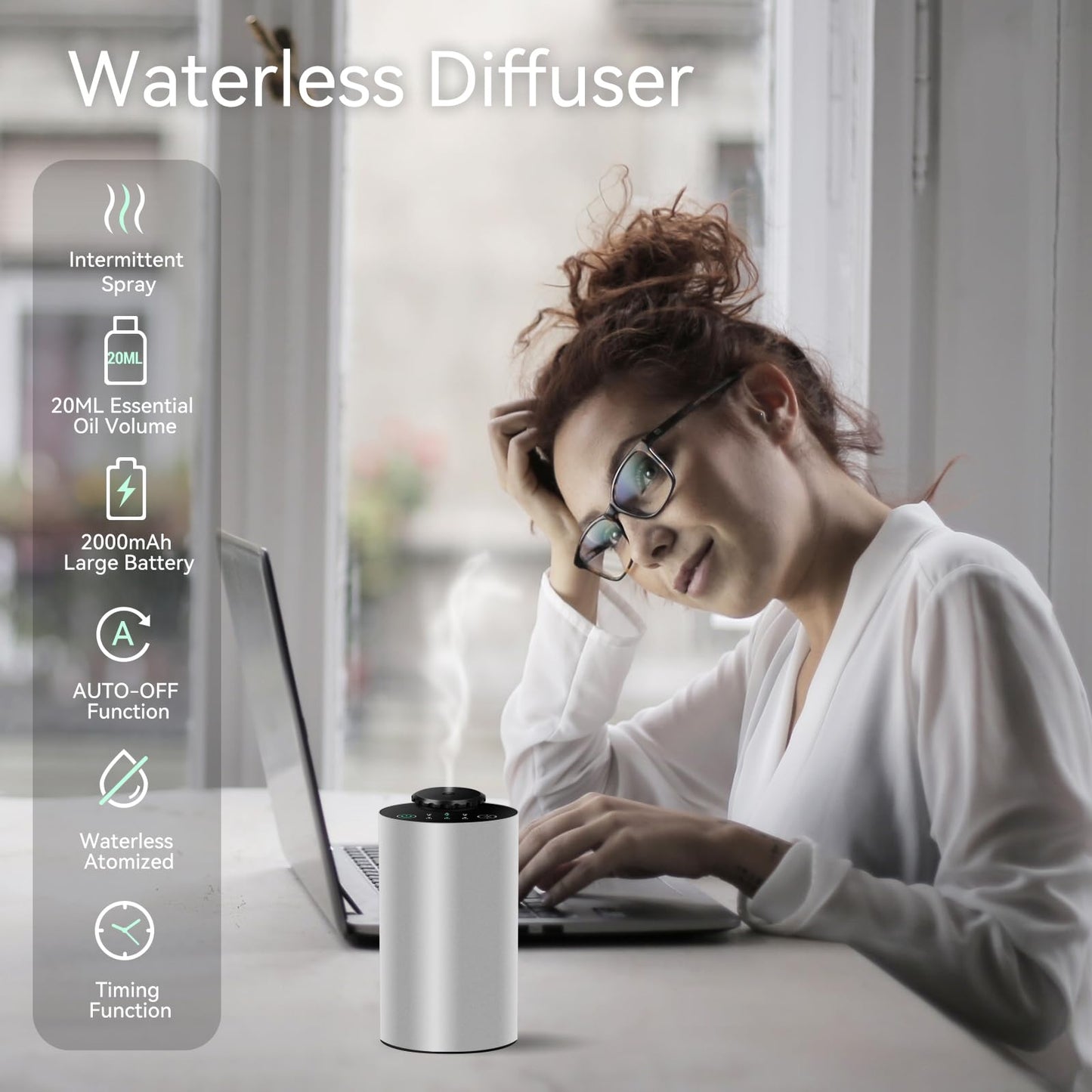 Waterless Essential Oil Diffuser – Battery Powered Car Diffuser with 3 Mist Levels and Timer (Silver)