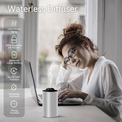 Waterless Essential Oil Diffuser – Battery Powered Car Diffuser with 3 Mist Levels and Timer (Silver)