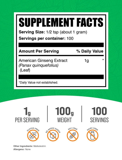 BulkSupplements.com American Ginseng Extract Powder – Ginseng Supplement, Gluten Free, 100g (3.5 oz), Pack of 1
