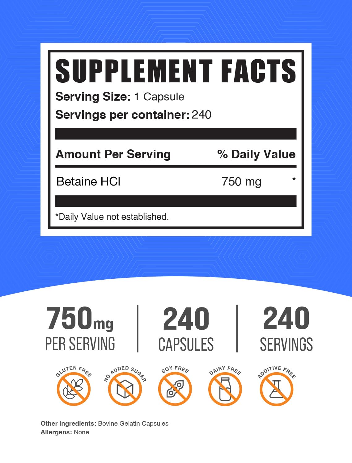BulkSupplements Betaine HCl Capsules 750mg – Gluten Free Digestive Support | Pack of 2, 480 Capsules