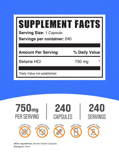BulkSupplements Betaine HCl Capsules 750mg – Gluten Free Digestive Support | Pack of 2, 480 Capsules