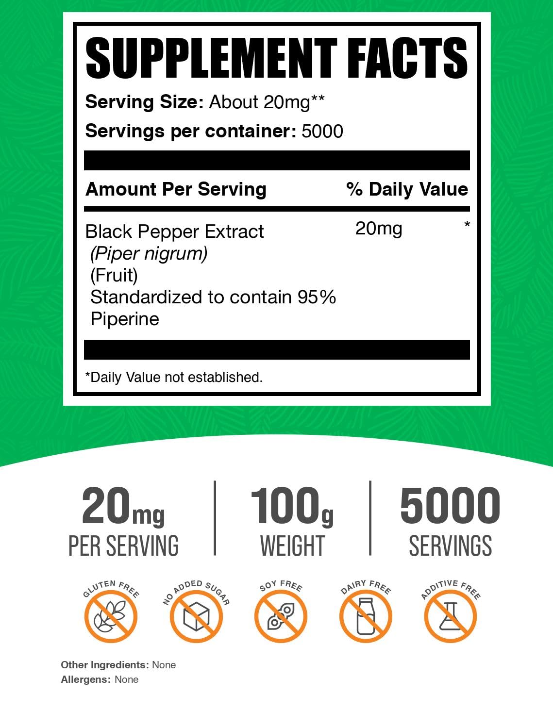 BulkSupplements Black Pepper Extract Powder – Piperine 20 mg/Serving, Vegan & Gluten Free, 100 g (3.5 oz) Pack of 1