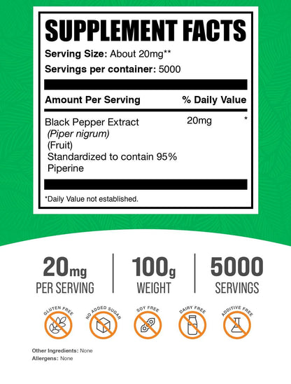BulkSupplements Black Pepper Extract Powder – Piperine 20 mg/Serving, Vegan & Gluten Free, 100 g (3.5 oz) Pack of 1