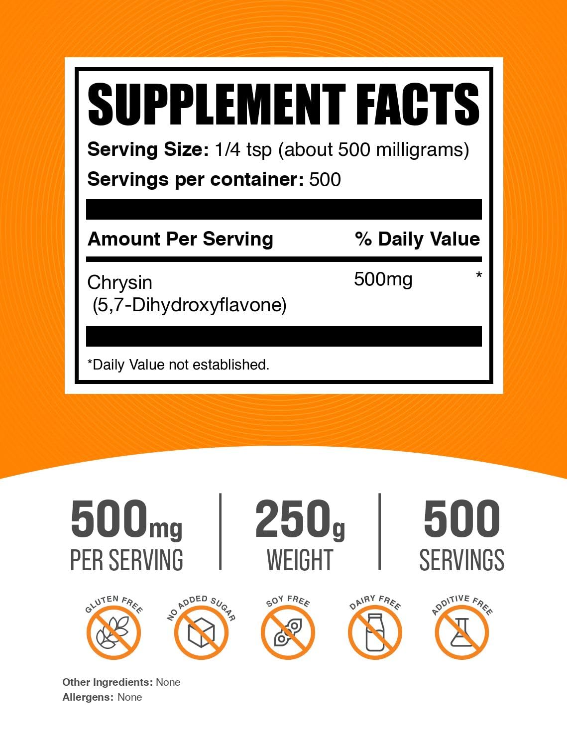 BulkSupplements Chrysin Powder 5,7-Dihydroxyflavone - Gluten Free, 500mg per Serving, 250g