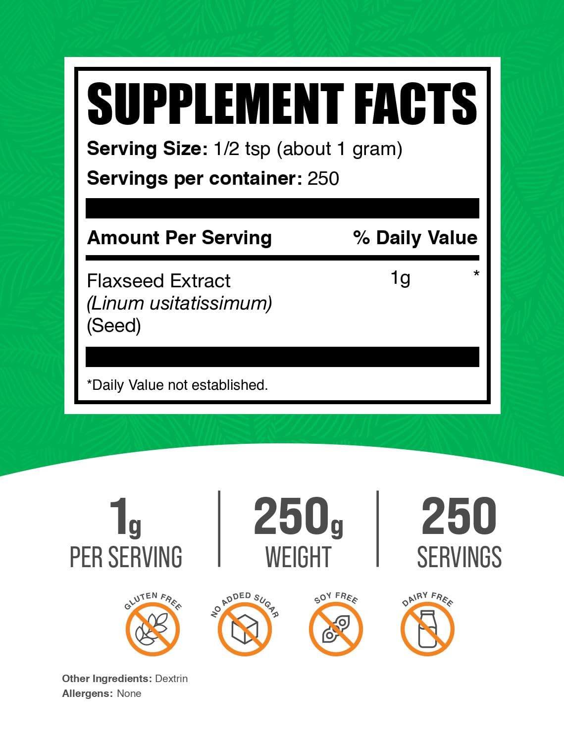 BulkSupplements Flaxseed Extract Powder – Omega-3, 1g/Serving, Vegan & Gluten-Free, 250g