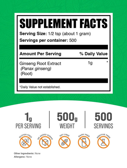 BulkSupplements Ginseng Root Extract Powder – Panax Ginseng Supplement, Vegan & Gluten Free, 1 g/serving, 500 g