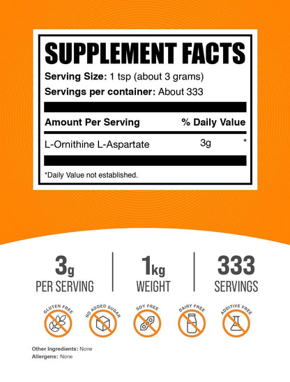 BulkSupplements L-Ornithine L-Aspartate Powder – 3 g Serving, 1 kg, Gluten Free