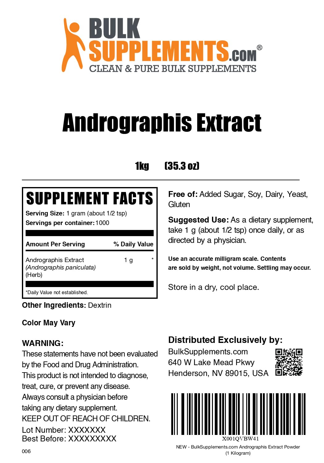 Andrographis Extract Powder - BulkSupplements, Andrographis Paniculata, 1g Serving, 1kg Pack