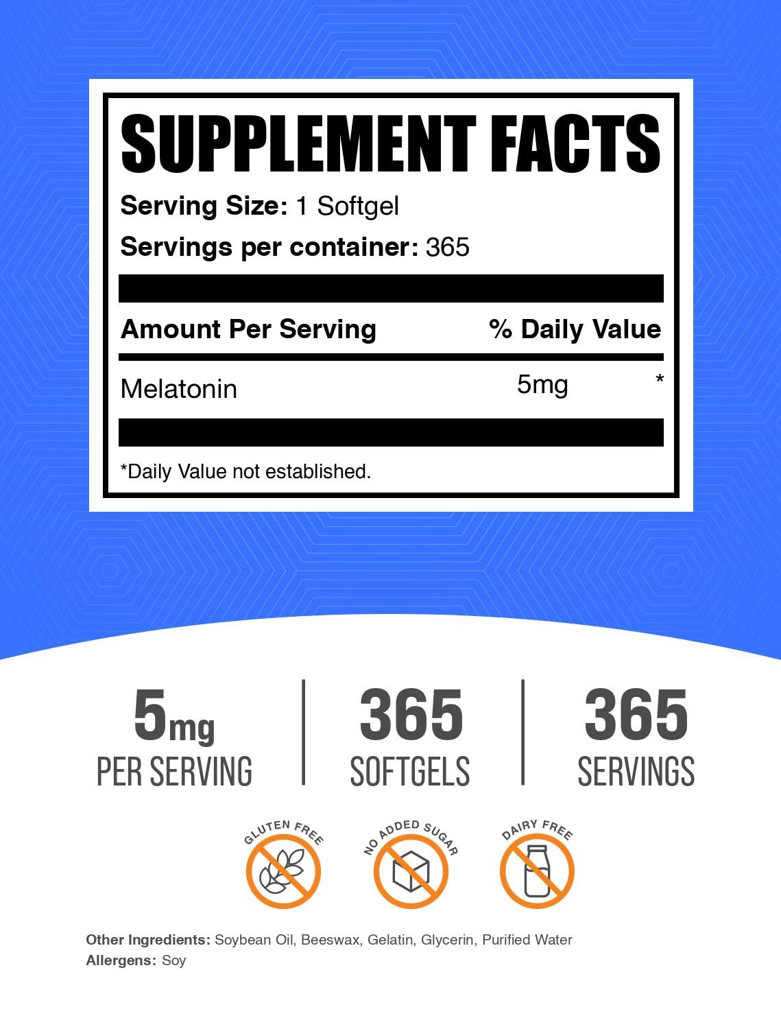 BulkSupplements Melatonin 5 mg Softgels – Sleep Support for Adults, 5 mg per Serving, Gluten Free, 365 Count (Pack of 2)