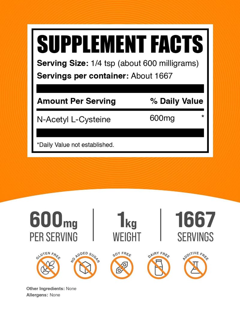 BulkSupplements NAC Powder 600mg – N-Acetyl Cysteine Supplement, Gluten Free, 1kg (1667 Servings)
