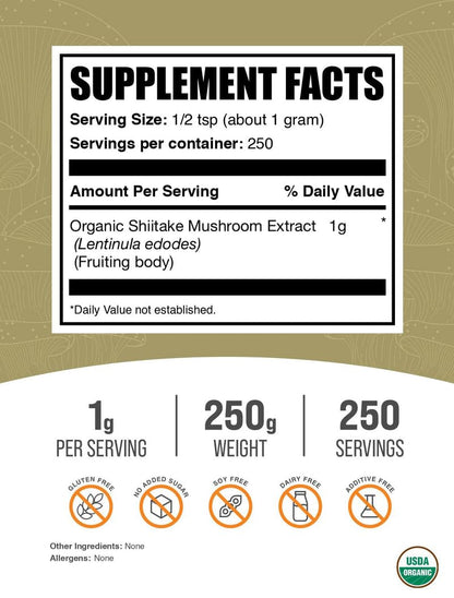 BulkSupplements.com Organic Shiitake Mushroom Extract Powder – Immune Support, Vegan & Gluten Free, 250g | 1g Serving