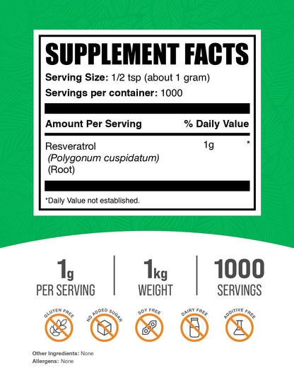 Resveratrol Powder - 1000mg per Serving, 1kg (2.2 lb) | BulkSupplements