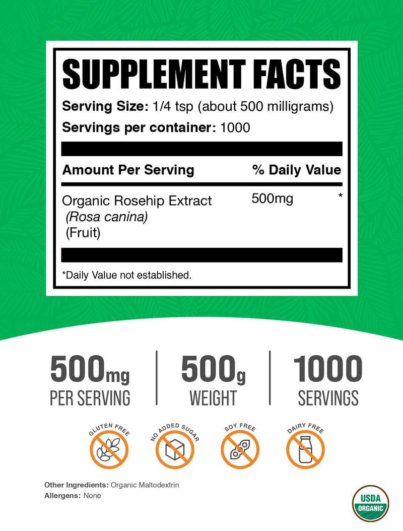 BulkSupplements Organic Rosehip Extract Powder – Rose Hips, 500mg/Serving, 500g (1.1 lbs) – Gluten Free