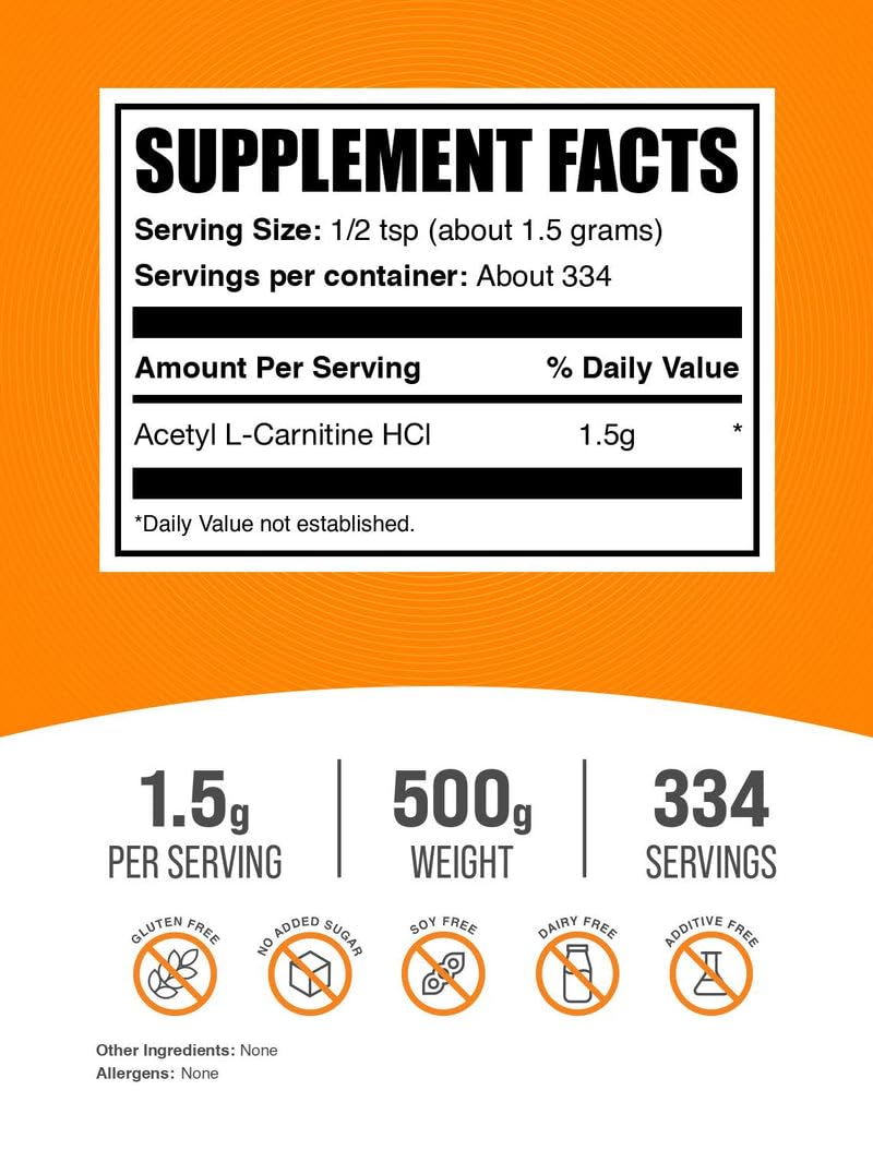 BulkSupplements Acetyl L-Carnitine Powder (ALCAR HCl) – 1.5 g Serving, 500 g, Gluten Free