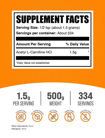 BulkSupplements Acetyl L-Carnitine Powder (ALCAR HCl) – 1.5 g Serving, 500 g, Gluten Free