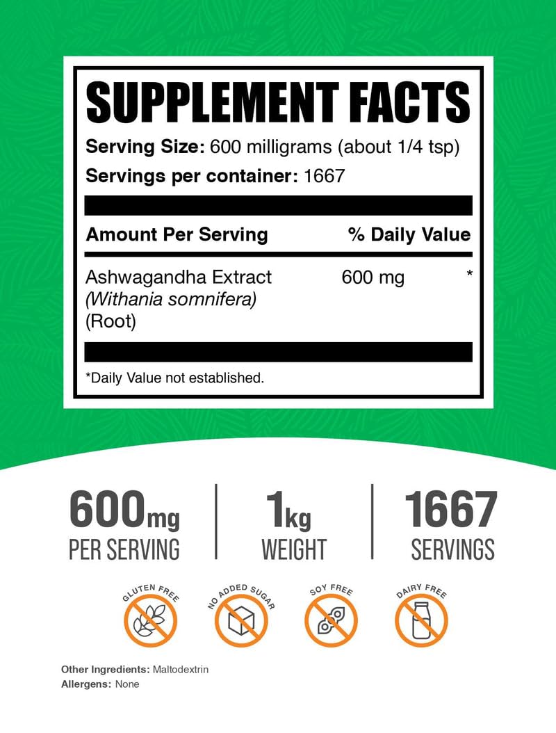 BulkSupplements Ashwagandha Root Extract Powder – 600 mg per Serving, 1 kg, Vegan & Gluten Free
