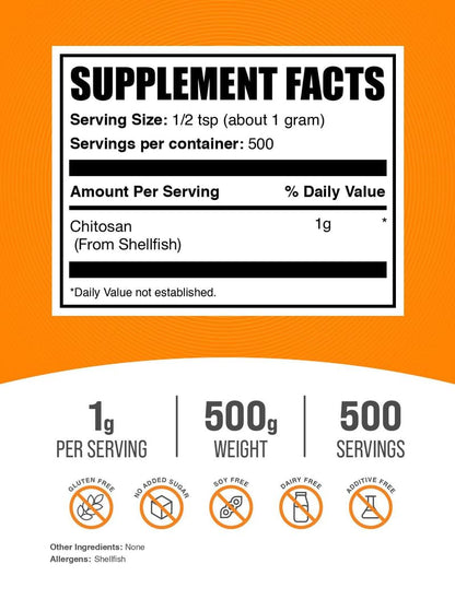 BulkSupplements Chitosan Powder – Gluten Free Fiber Supplement, 1g/Serving, 500g