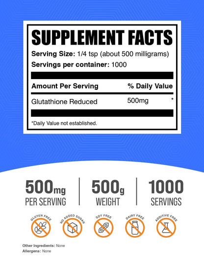 BulkSupplements Glutathione Reduced Powder – 500 mg per Serving, Gluten Free, 500 g