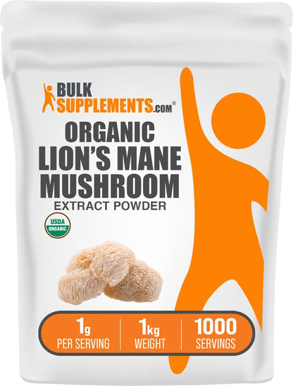 BulkSupplements Organic Lion's Mane Mushroom Extract Powder | Vegan, 1g/Serving, 1kg