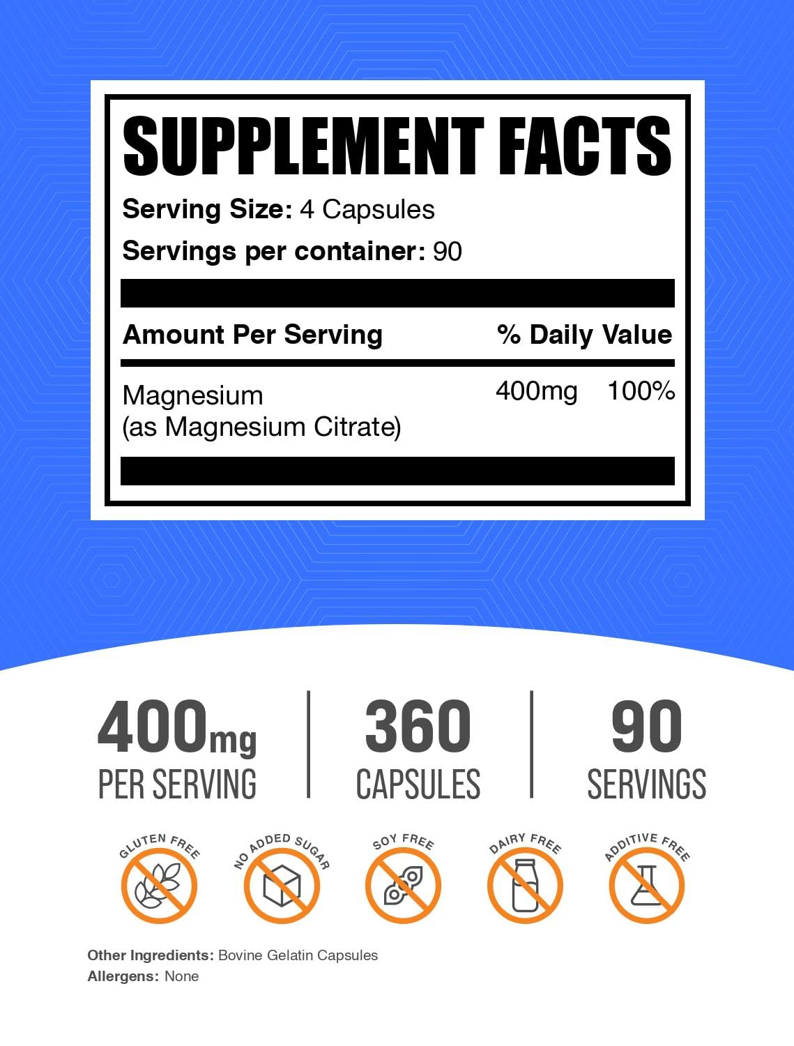 BulkSupplements Magnesium Citrate Capsules 400mg — Gluten Free, 4 Capsules per Serving, 360 Count (Pack of 2)