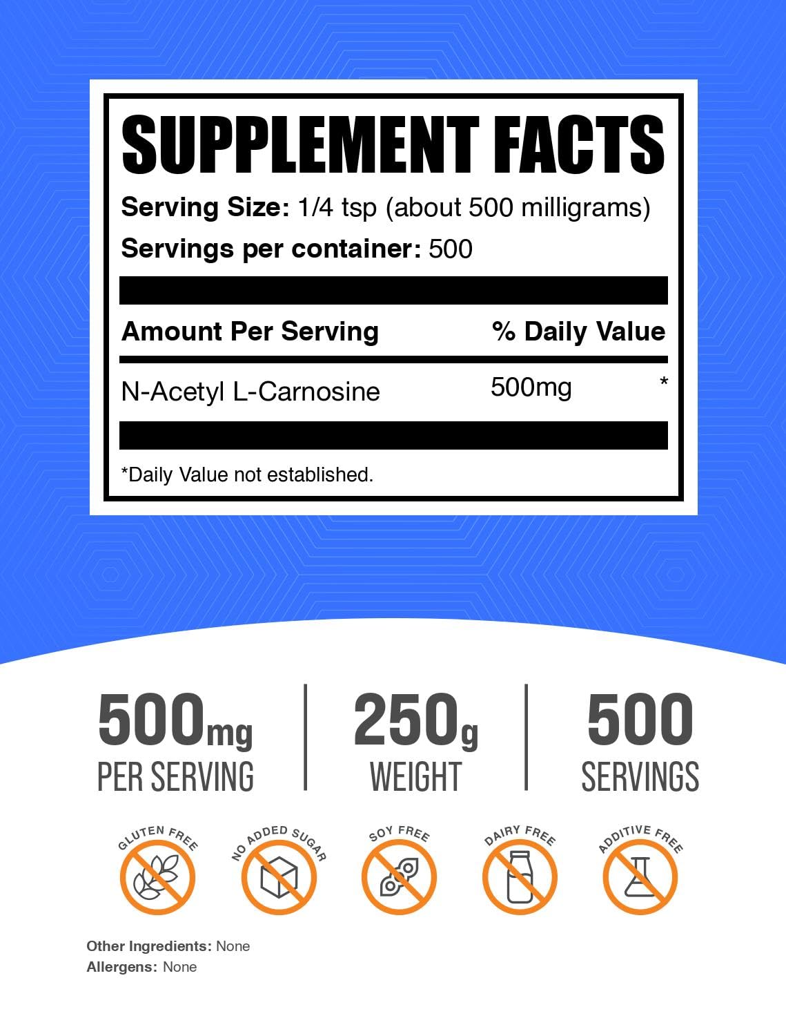 BulkSupplements N-Acetyl L-Carnosine Powder – 500mg per Serving, 250g (Gluten Free)