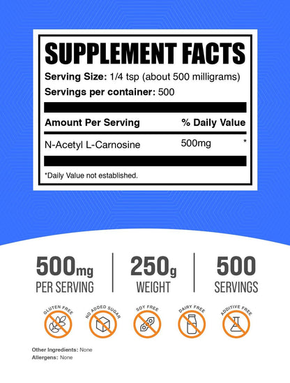 BulkSupplements N-Acetyl L-Carnosine Powder – 500mg per Serving, 250g (Gluten Free)