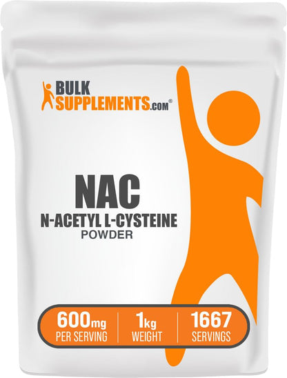 BulkSupplements NAC Powder 600mg – N-Acetyl Cysteine Supplement, Gluten Free, 1kg (1667 Servings)
