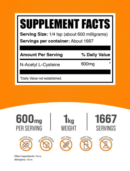 BulkSupplements NAC Powder 600mg – N-Acetyl Cysteine Supplement, Gluten Free, 1kg (1667 Servings)