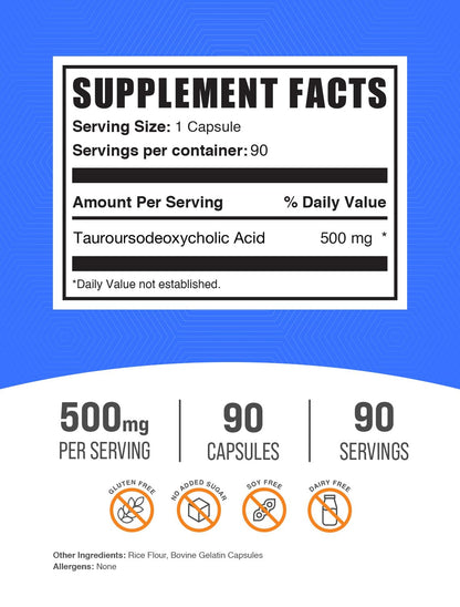 BulkSupplements TUDCA Capsules - Tauroursodeoxycholic Acid 500mg | Gluten Free | 90 Capsules