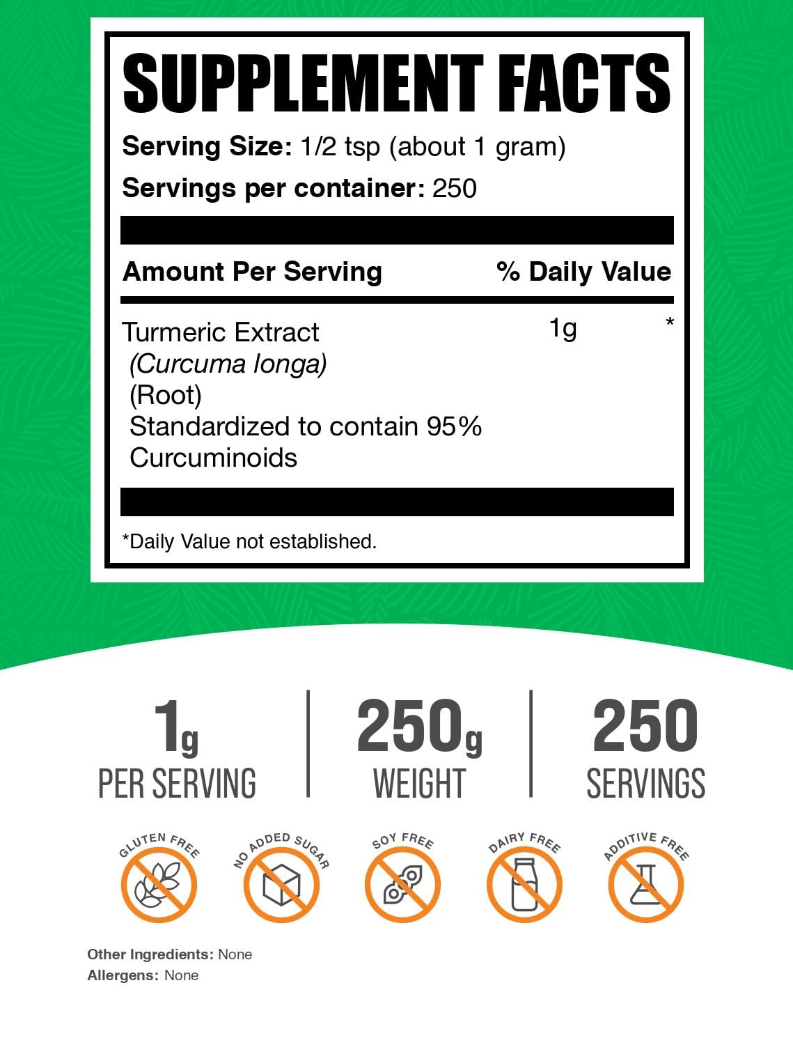 BulkSupplements Turmeric Extract Powder - Gluten Free, 1g per Serving, 250g