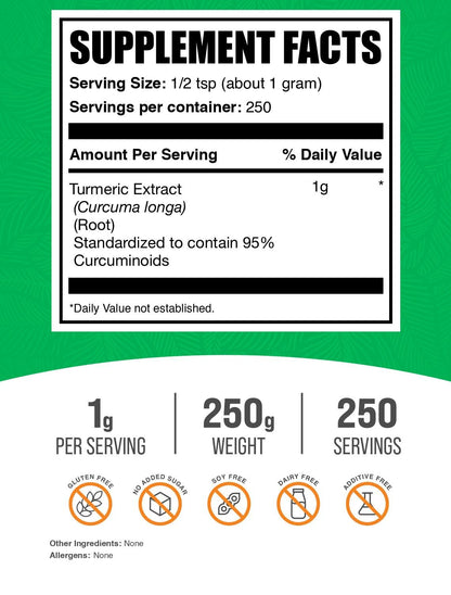 BulkSupplements Turmeric Extract Powder - Gluten Free, 1g per Serving, 250g
