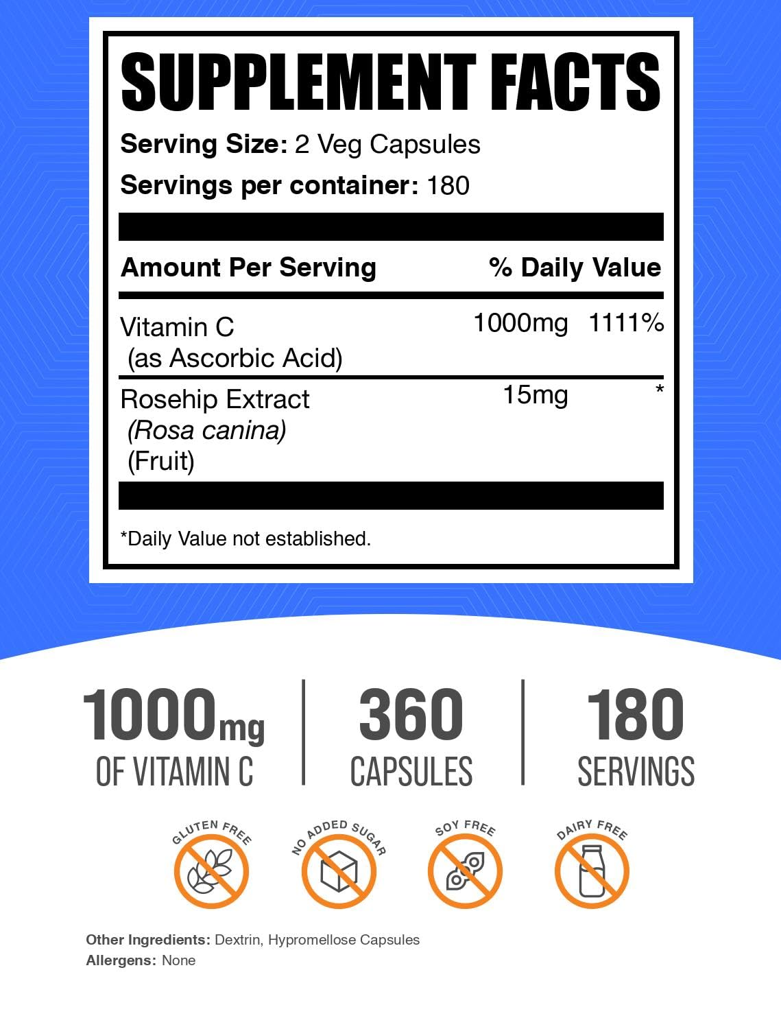 BulkSupplements Vitamin C with Rose HIPS Capsules – 1000mg Vitamin C, 15mg Rose HIPS, 360 Count (Pack of 2)