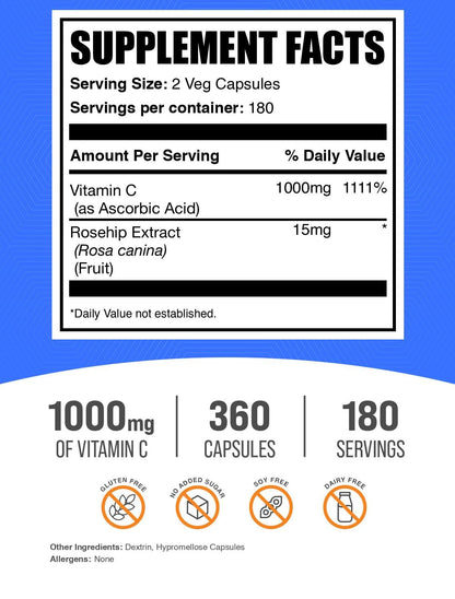 BulkSupplements Vitamin C with Rose HIPS Capsules – 1000mg Vitamin C, 15mg Rose HIPS, 360 Count (Pack of 2)