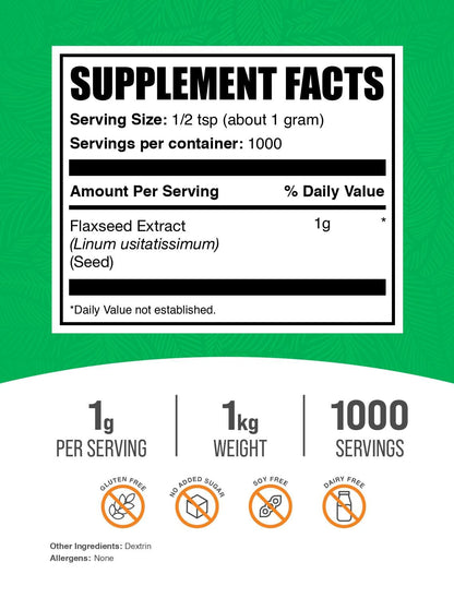 BulkSupplements Flaxseed Extract Powder – Omega-3, Vegan & Gluten Free, 1g per Serving, 1kg
