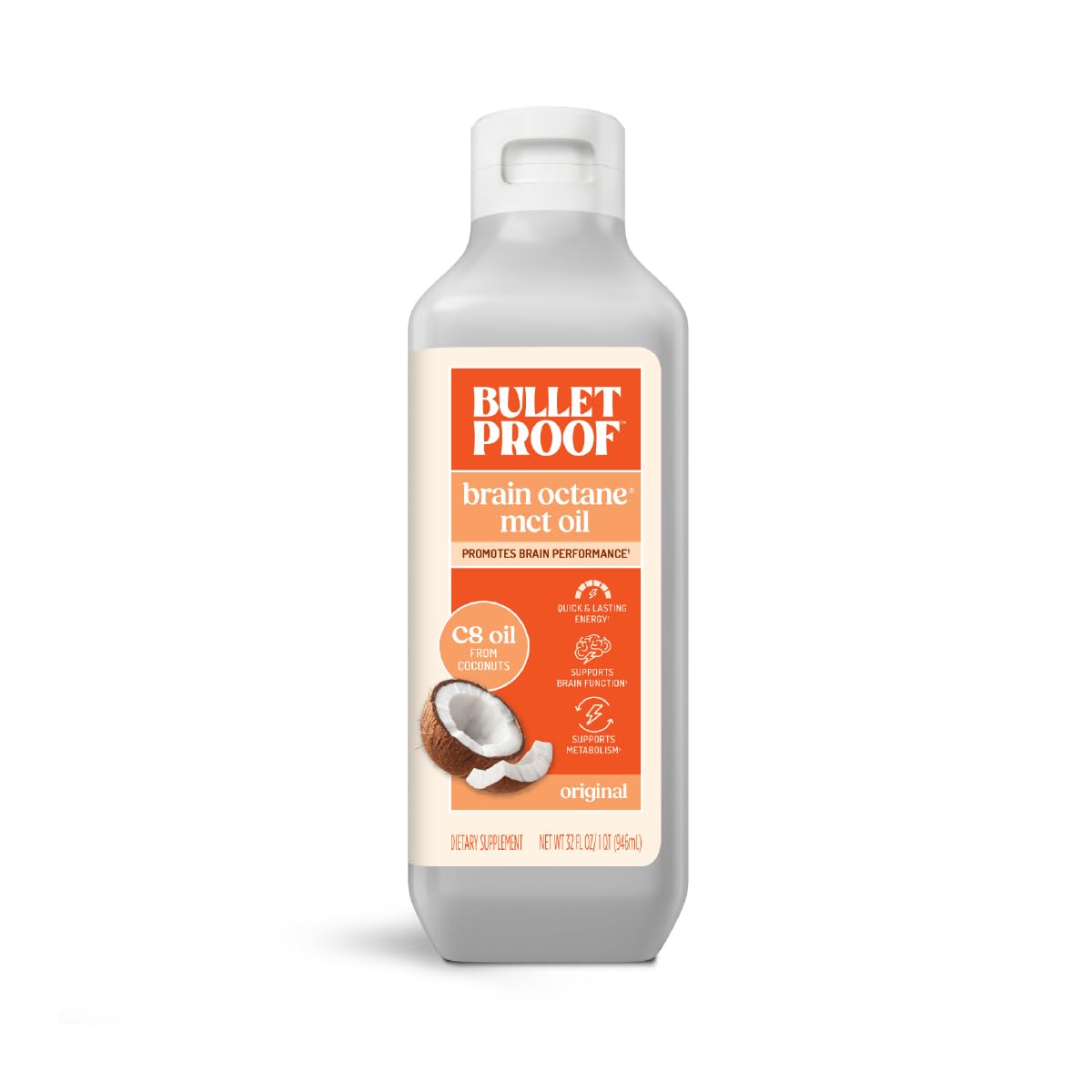 Bulletproof Brain Octane C8 MCT Oil, 32 oz – Keto Energy, Focus & Cravings Support