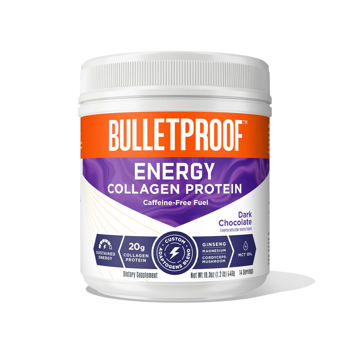 Bulletproof Dark Chocolate Energy Collagen Protein — 19.3 oz, Caffeine-Free with Ginseng, Cordyceps, Magnesium & MCT